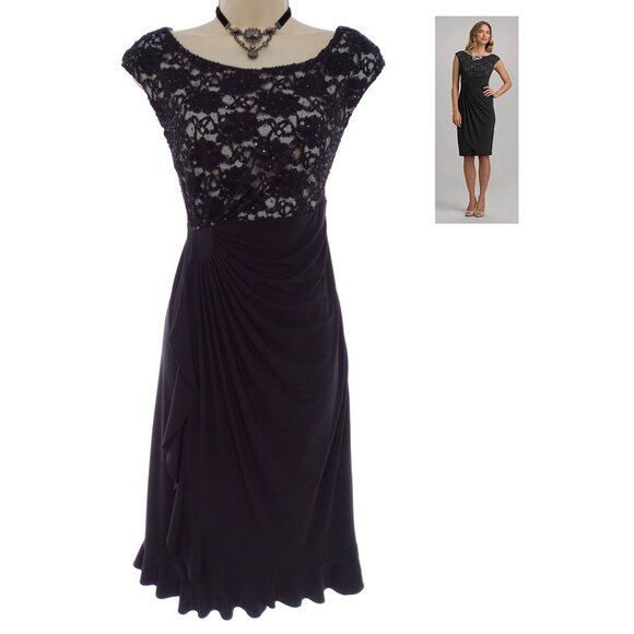 Size 14 BLACK SPARKLY LACE BODICE CASCADE RUFFLE DRESS Wedding Evening Party - Picture 1 of 4